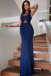 Navy Blue Lace Appliques Mermaid Evening Dress Sleeveless